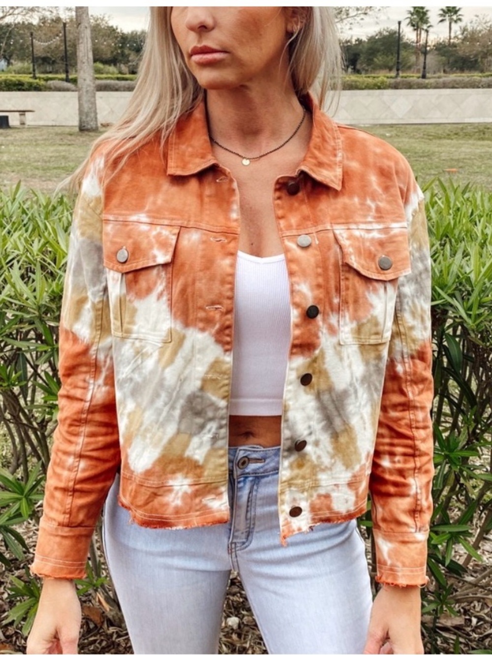 Tie-Dye Rust & Cream Cotton Trucker Jacket Size Small
